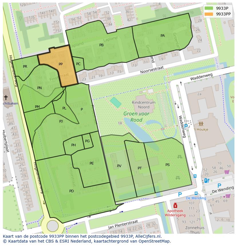 Afbeelding van het postcodegebied 9933 PP op de kaart.