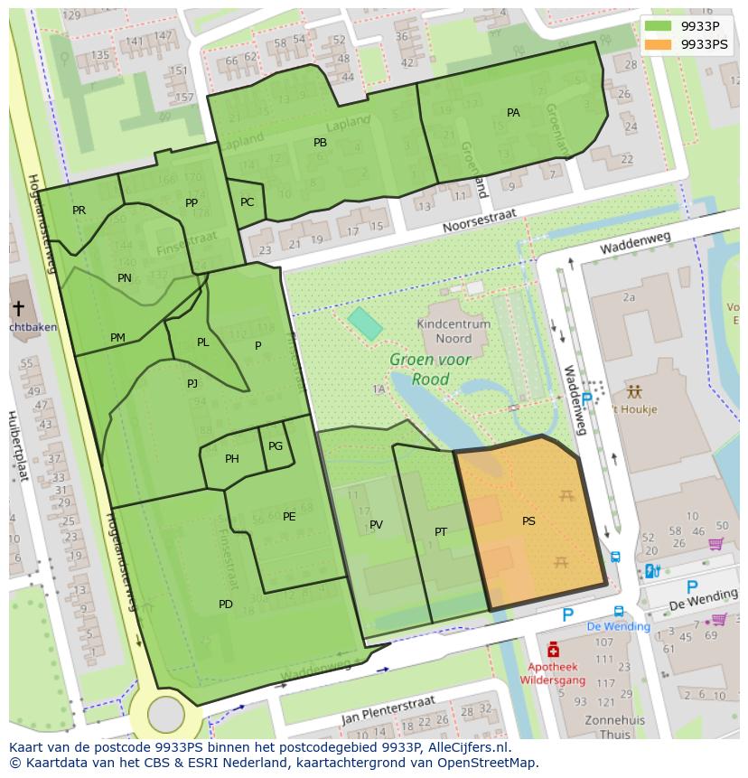 Afbeelding van het postcodegebied 9933 PS op de kaart.