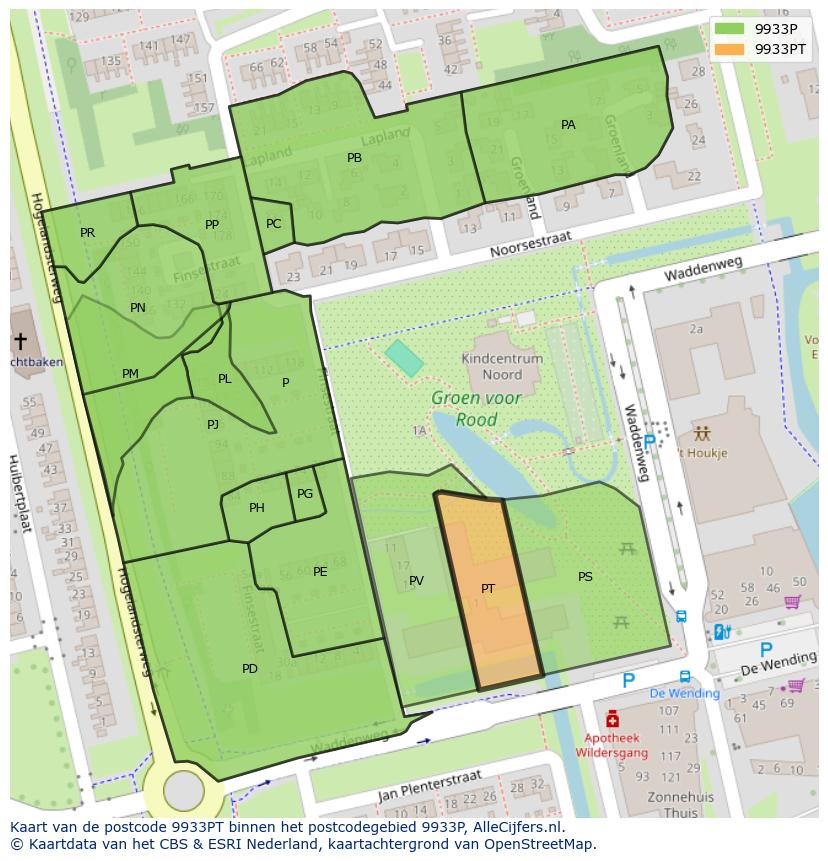 Afbeelding van het postcodegebied 9933 PT op de kaart.