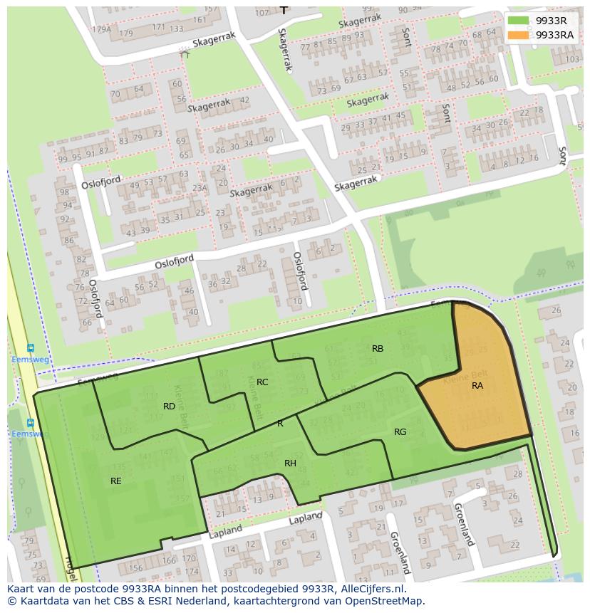 Afbeelding van het postcodegebied 9933 RA op de kaart.