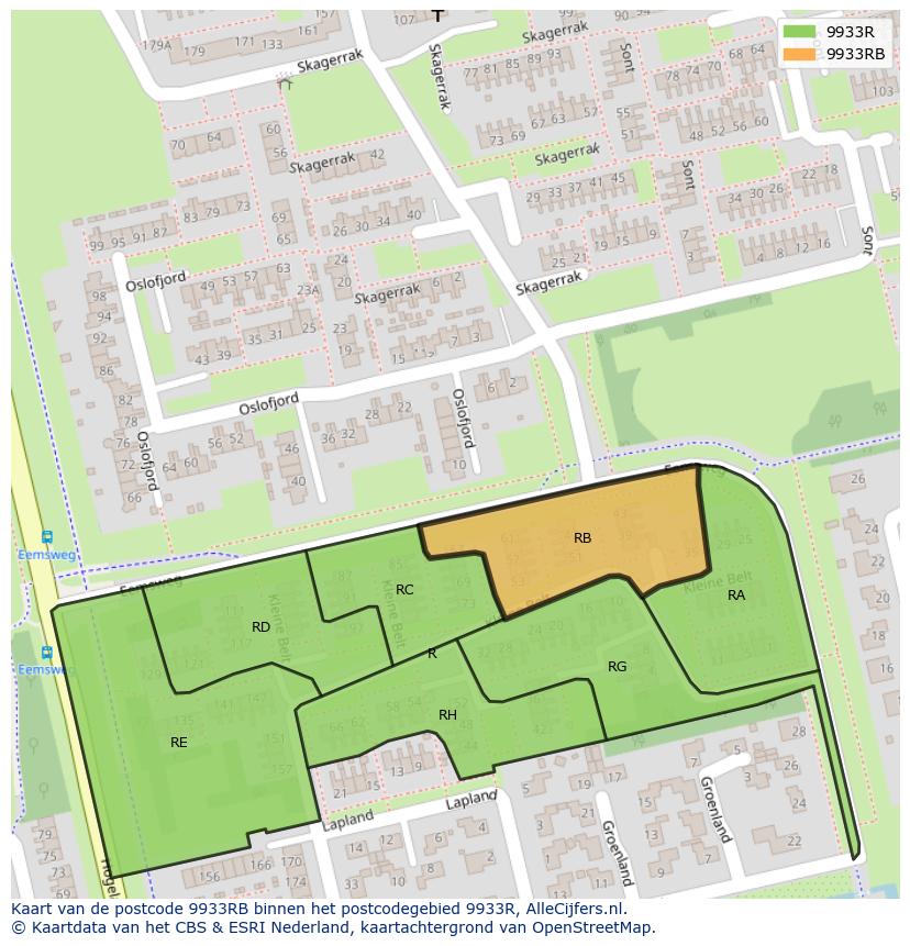 Afbeelding van het postcodegebied 9933 RB op de kaart.