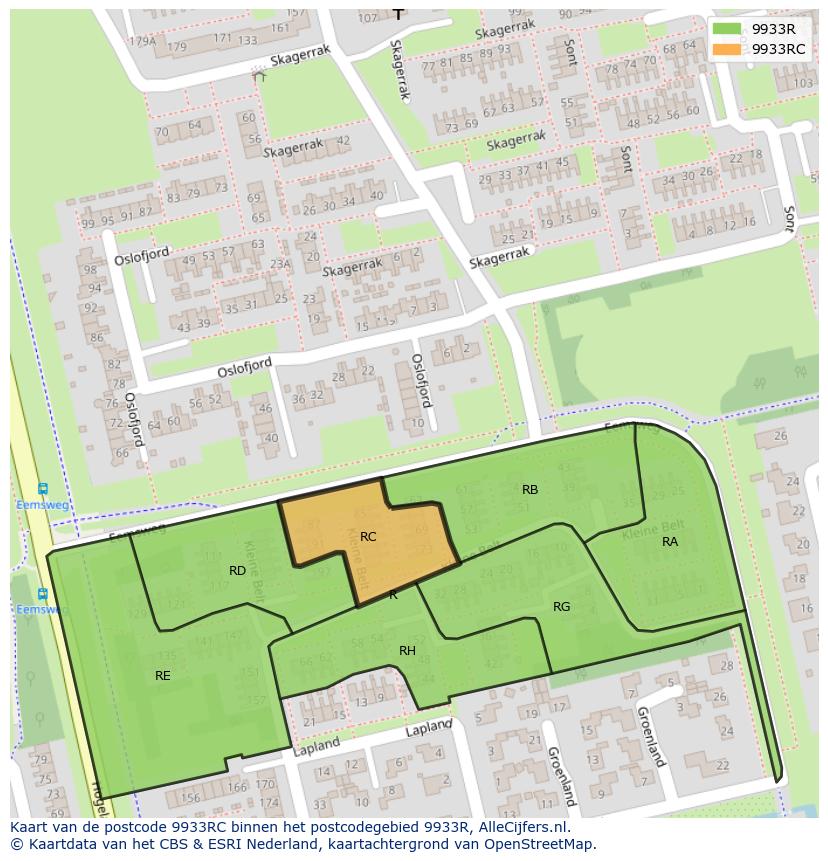 Afbeelding van het postcodegebied 9933 RC op de kaart.