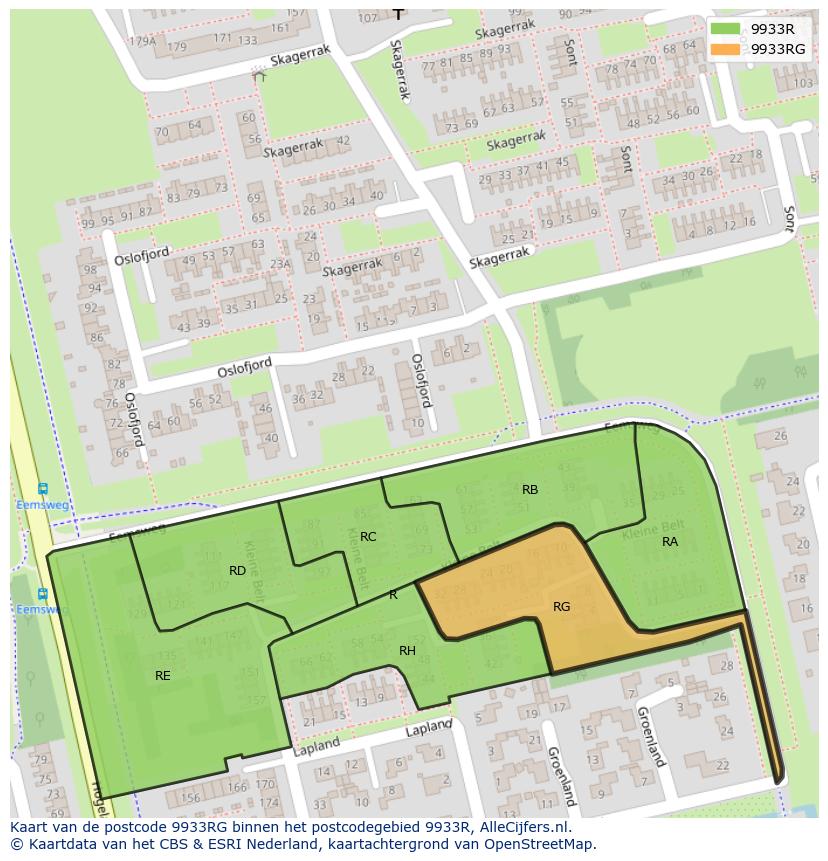 Afbeelding van het postcodegebied 9933 RG op de kaart.