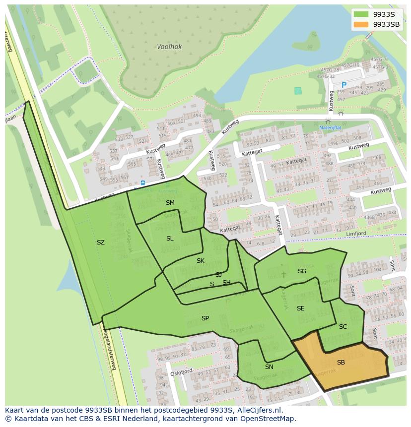Afbeelding van het postcodegebied 9933 SB op de kaart.