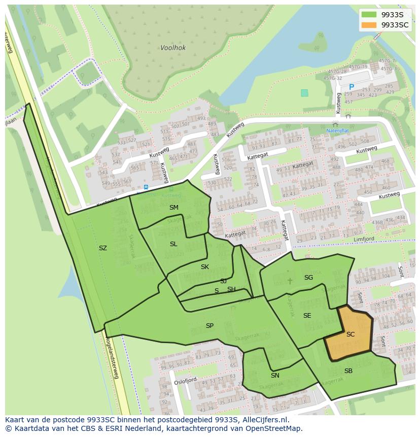 Afbeelding van het postcodegebied 9933 SC op de kaart.