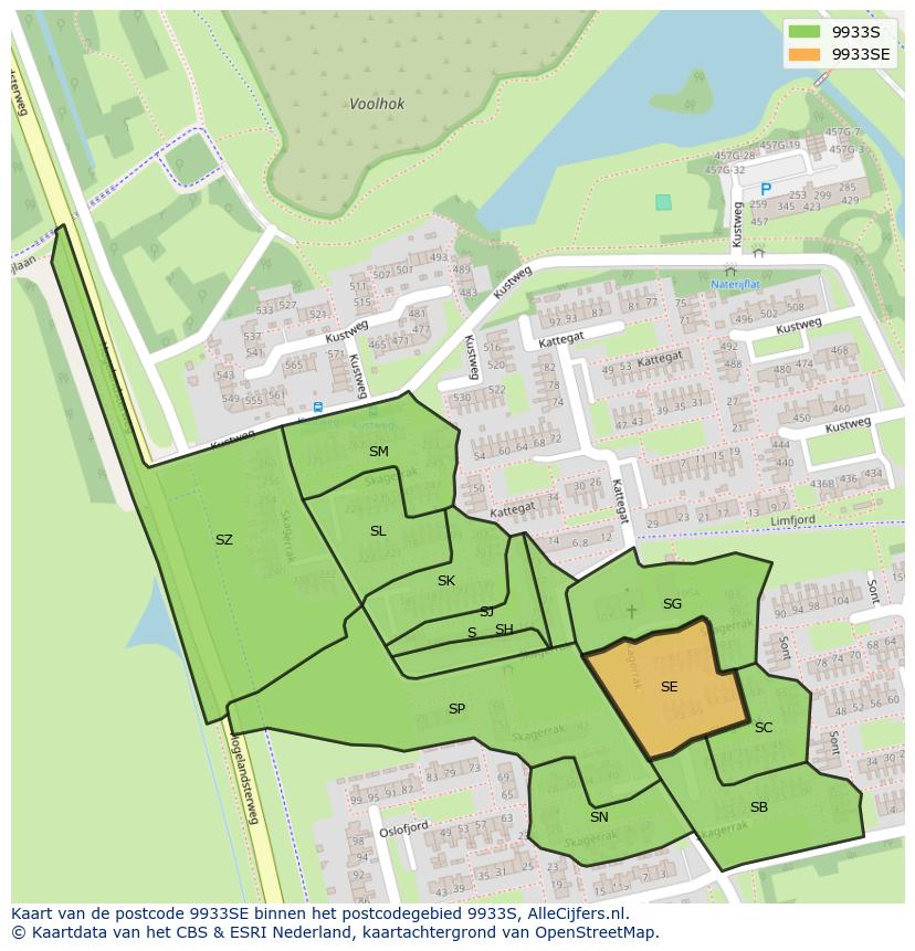 Afbeelding van het postcodegebied 9933 SE op de kaart.