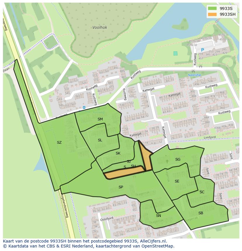 Afbeelding van het postcodegebied 9933 SH op de kaart.