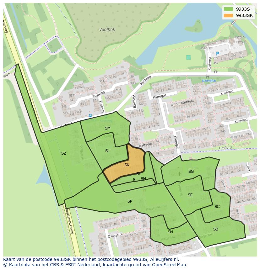Afbeelding van het postcodegebied 9933 SK op de kaart.
