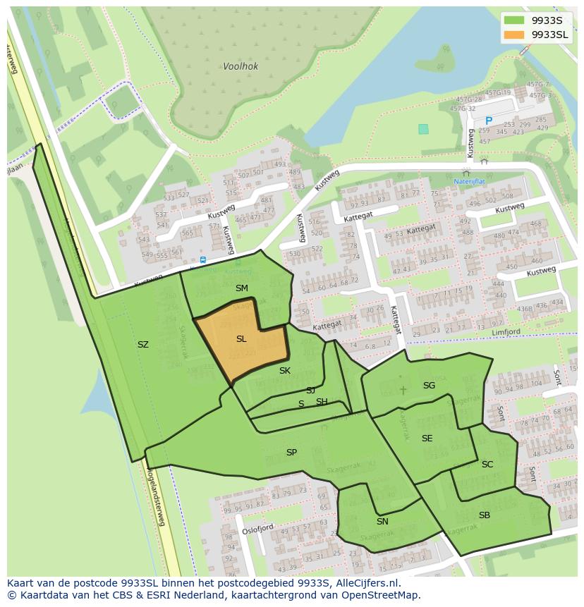 Afbeelding van het postcodegebied 9933 SL op de kaart.