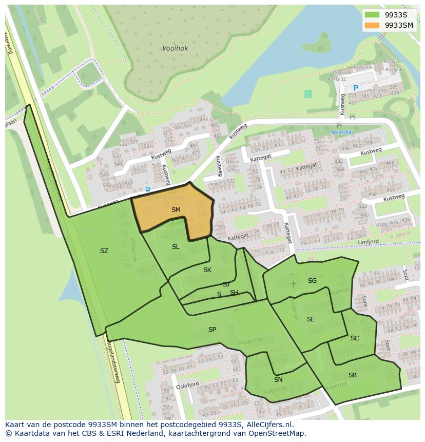 Afbeelding van het postcodegebied 9933 SM op de kaart.