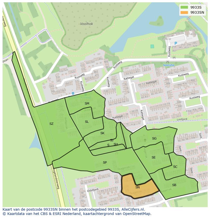 Afbeelding van het postcodegebied 9933 SN op de kaart.
