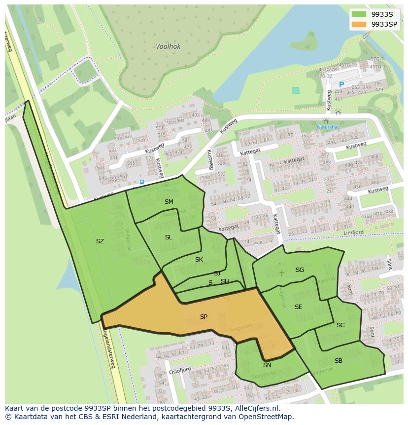 Afbeelding van het postcodegebied 9933 SP op de kaart.