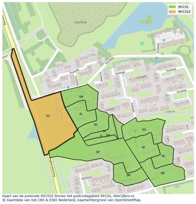 Afbeelding van het postcodegebied 9933 SZ op de kaart.