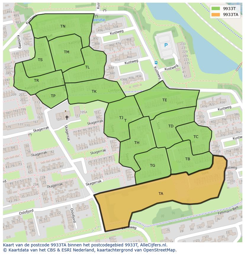 Afbeelding van het postcodegebied 9933 TA op de kaart.