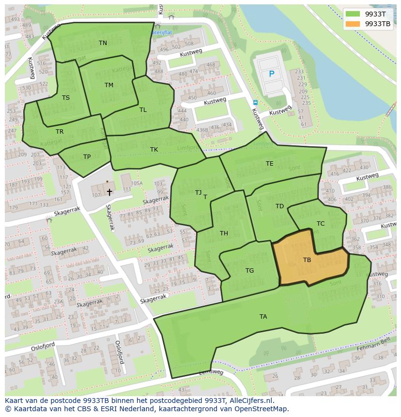 Afbeelding van het postcodegebied 9933 TB op de kaart.