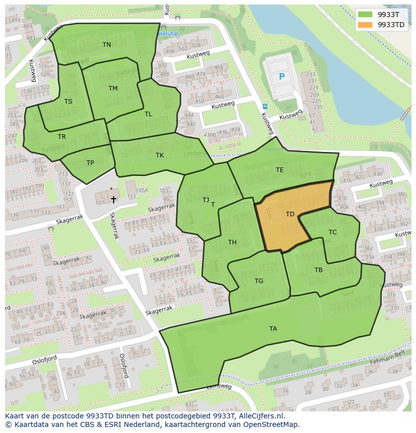 Afbeelding van het postcodegebied 9933 TD op de kaart.
