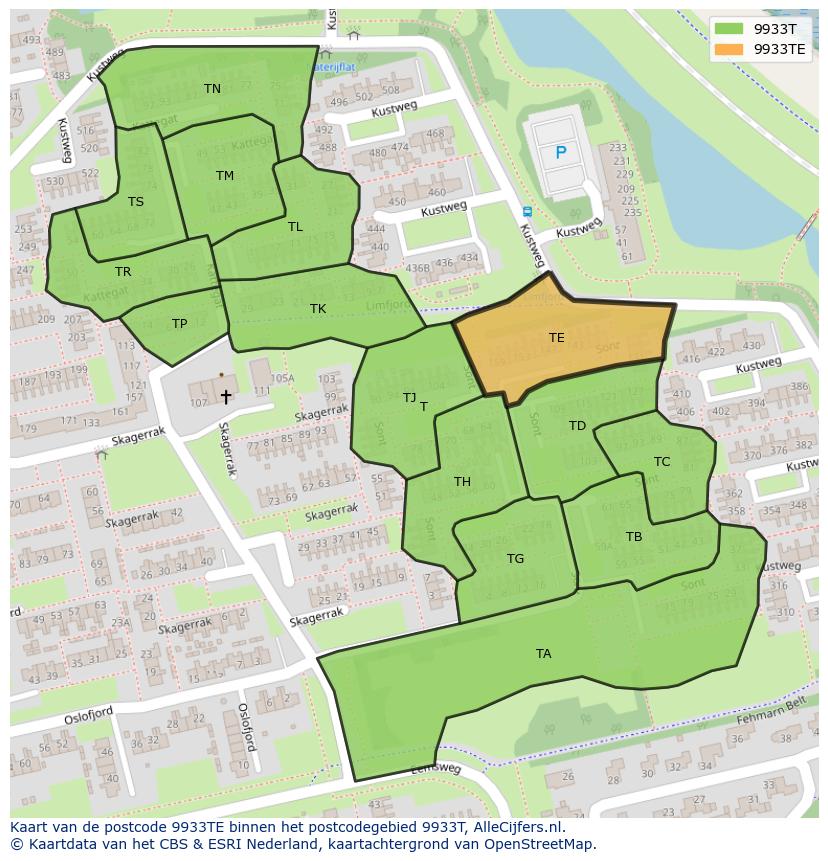Afbeelding van het postcodegebied 9933 TE op de kaart.