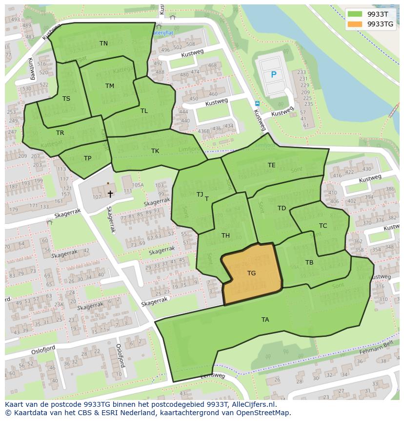 Afbeelding van het postcodegebied 9933 TG op de kaart.