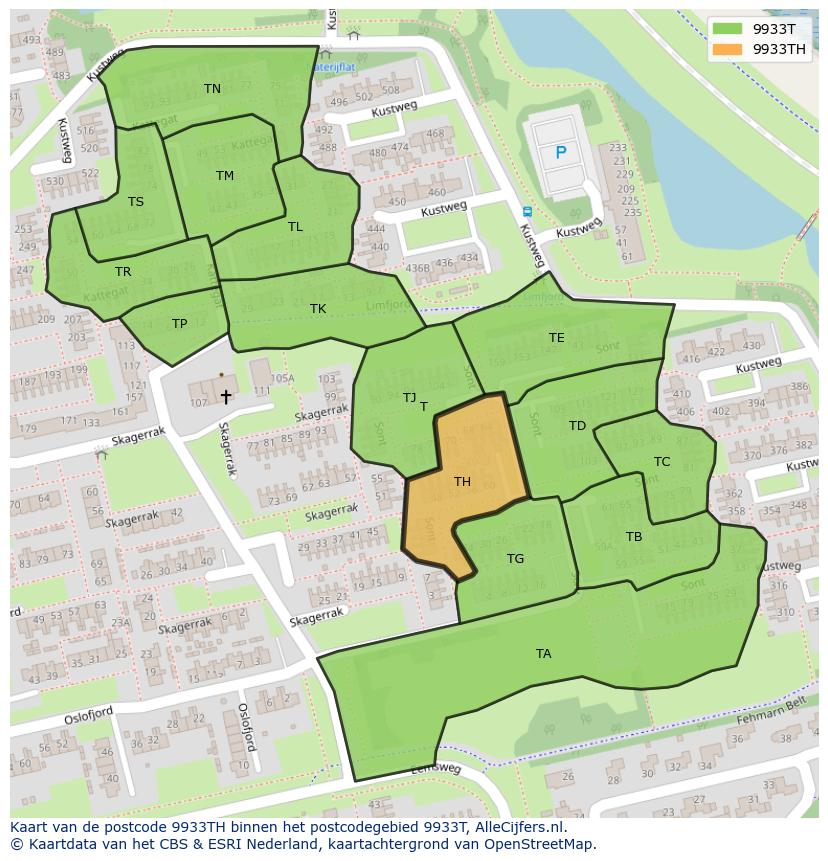 Afbeelding van het postcodegebied 9933 TH op de kaart.