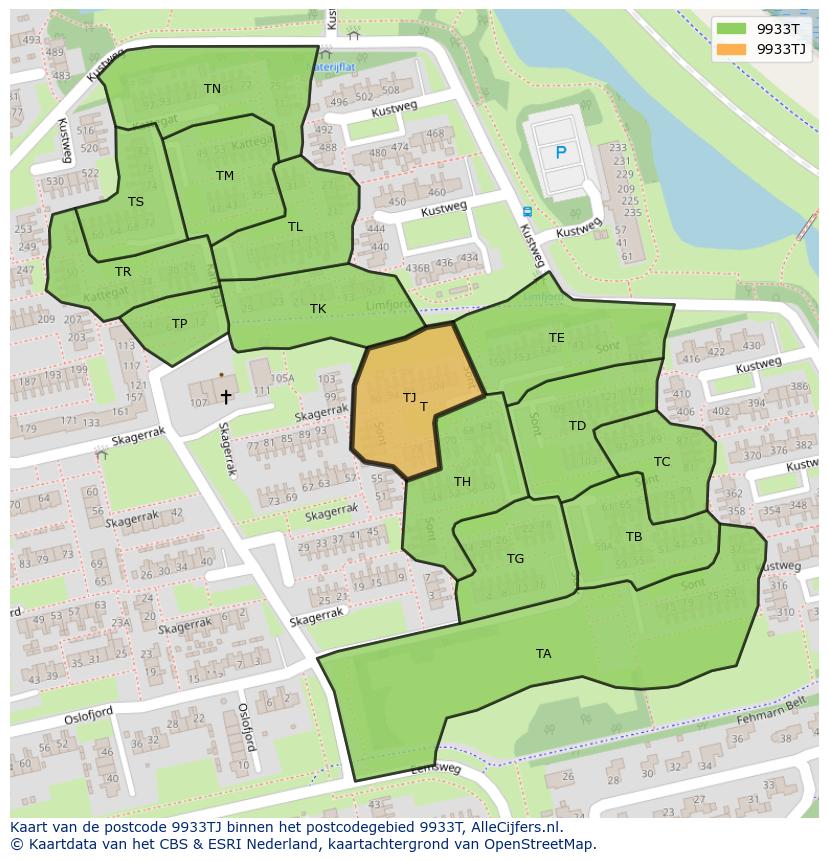 Afbeelding van het postcodegebied 9933 TJ op de kaart.