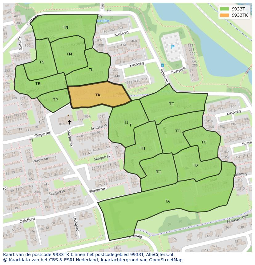 Afbeelding van het postcodegebied 9933 TK op de kaart.