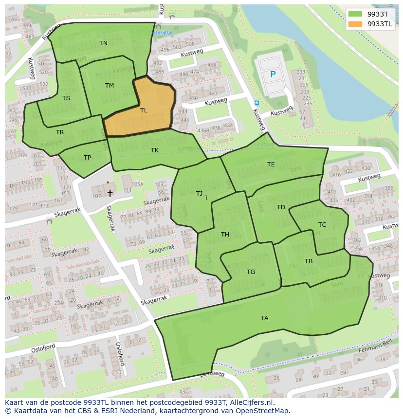 Afbeelding van het postcodegebied 9933 TL op de kaart.