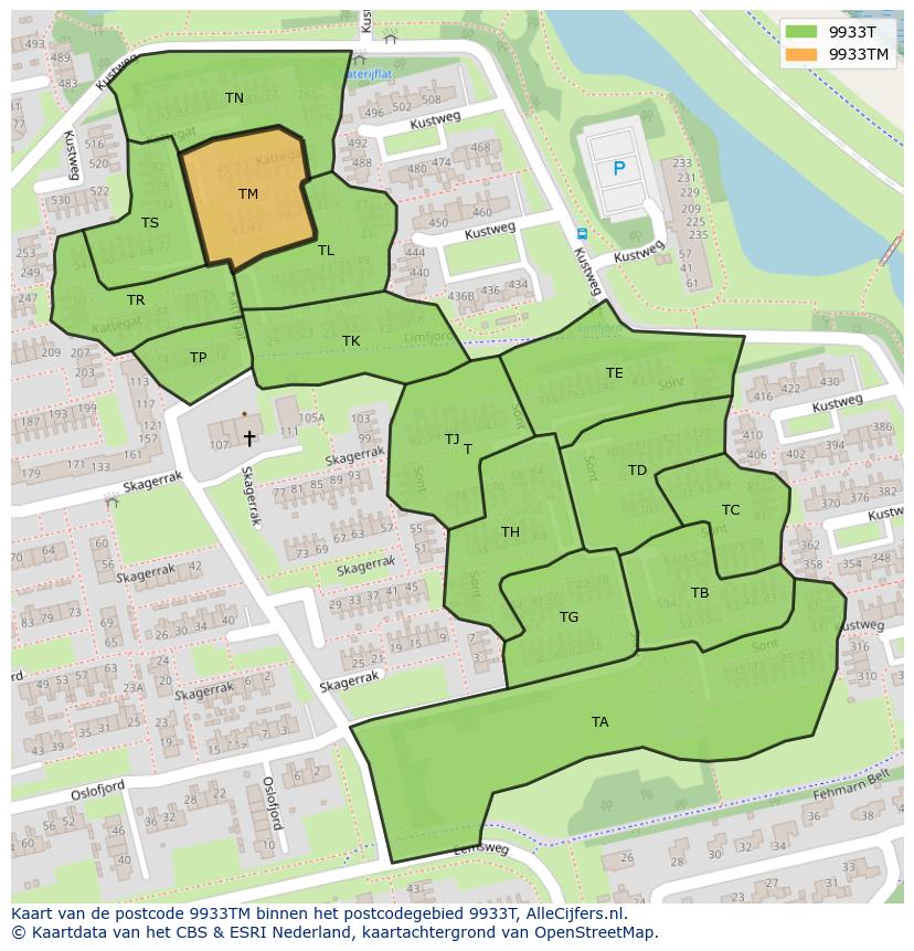 Afbeelding van het postcodegebied 9933 TM op de kaart.