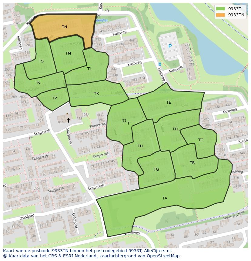 Afbeelding van het postcodegebied 9933 TN op de kaart.