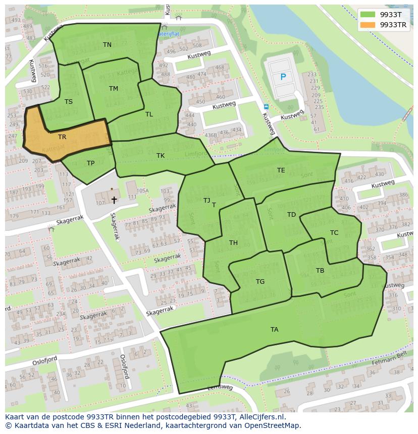Afbeelding van het postcodegebied 9933 TR op de kaart.