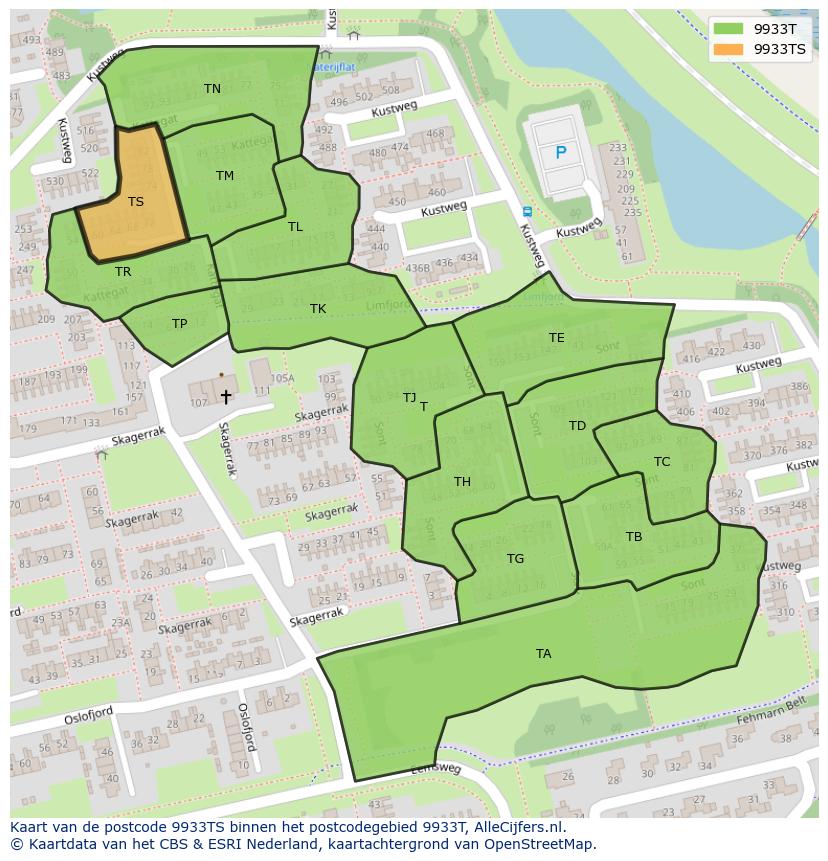 Afbeelding van het postcodegebied 9933 TS op de kaart.
