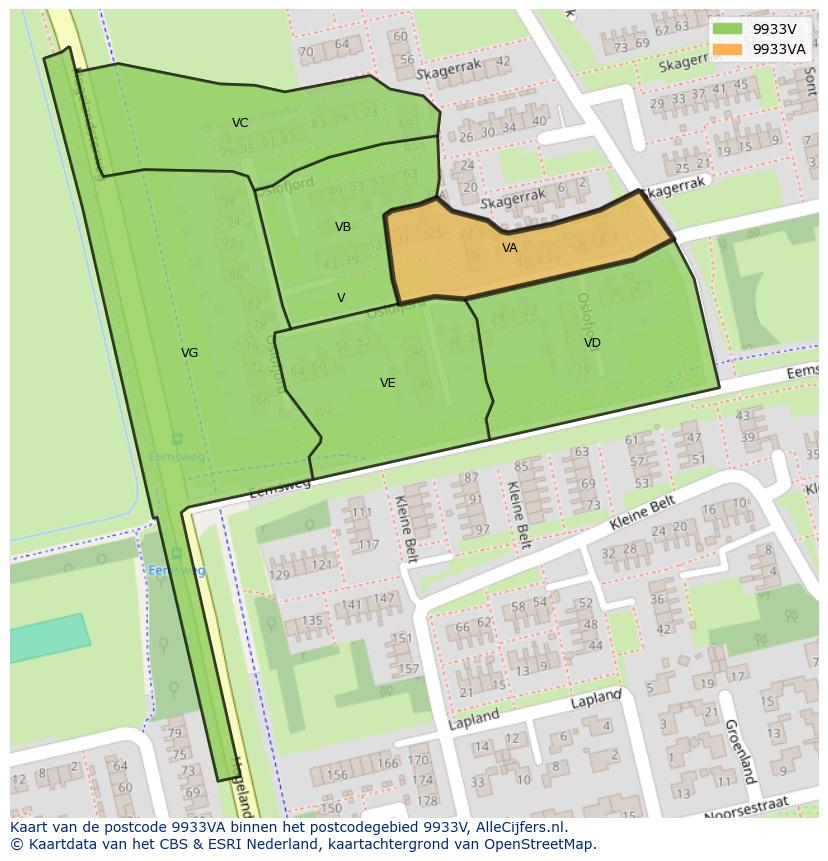 Afbeelding van het postcodegebied 9933 VA op de kaart.