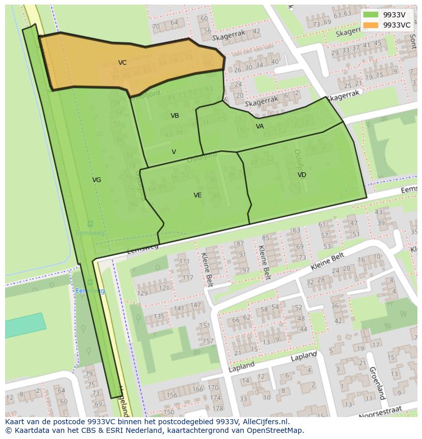 Afbeelding van het postcodegebied 9933 VC op de kaart.
