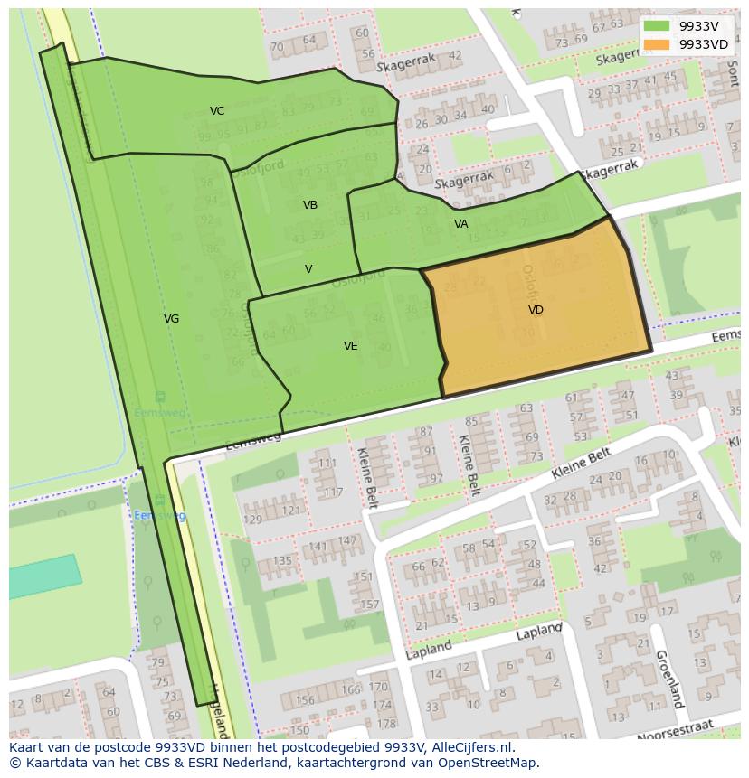 Afbeelding van het postcodegebied 9933 VD op de kaart.