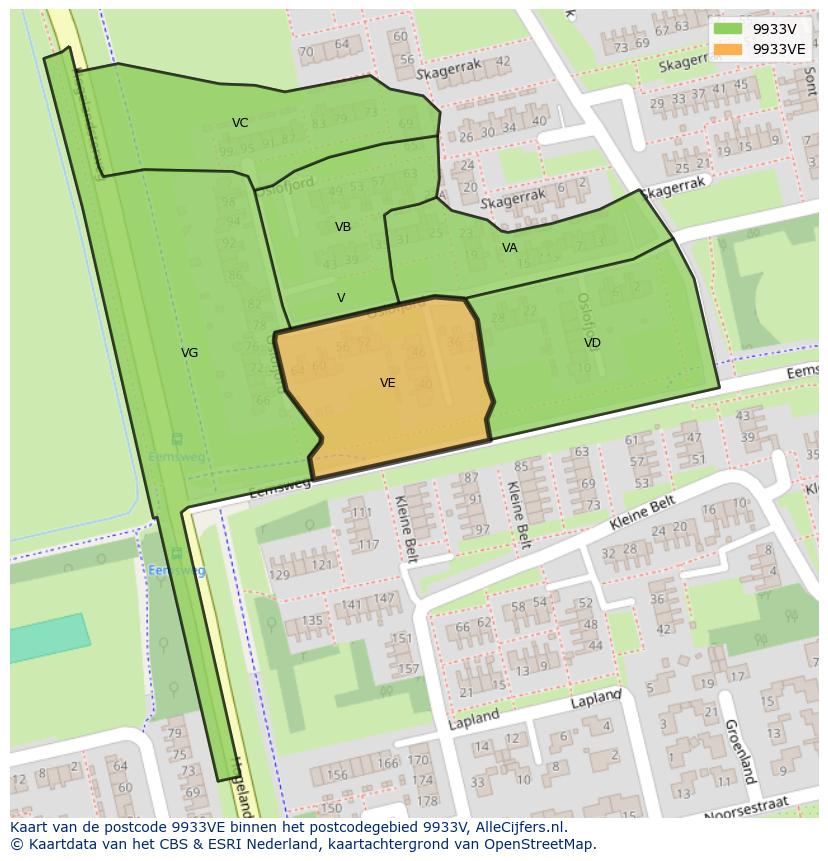 Afbeelding van het postcodegebied 9933 VE op de kaart.
