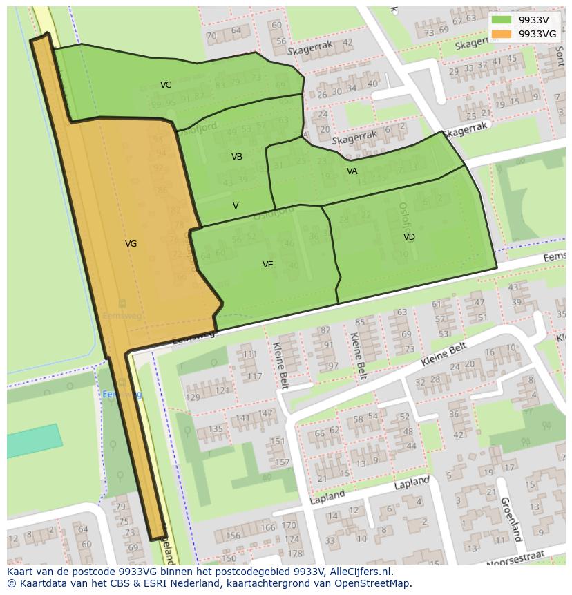 Afbeelding van het postcodegebied 9933 VG op de kaart.