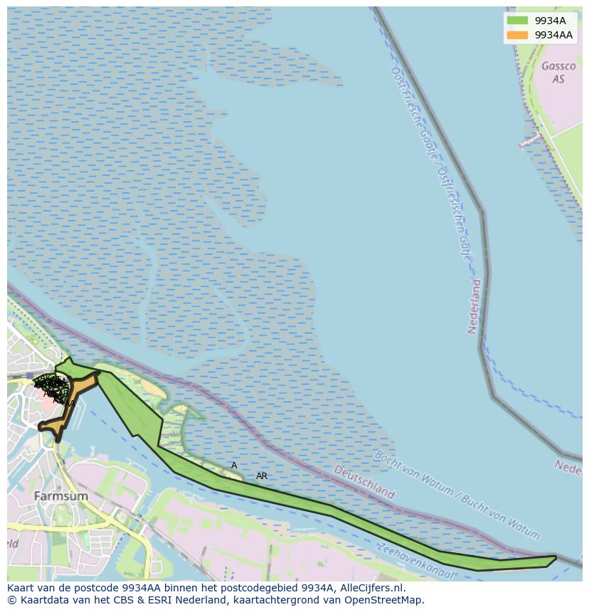 Afbeelding van het postcodegebied 9934 AA op de kaart.
