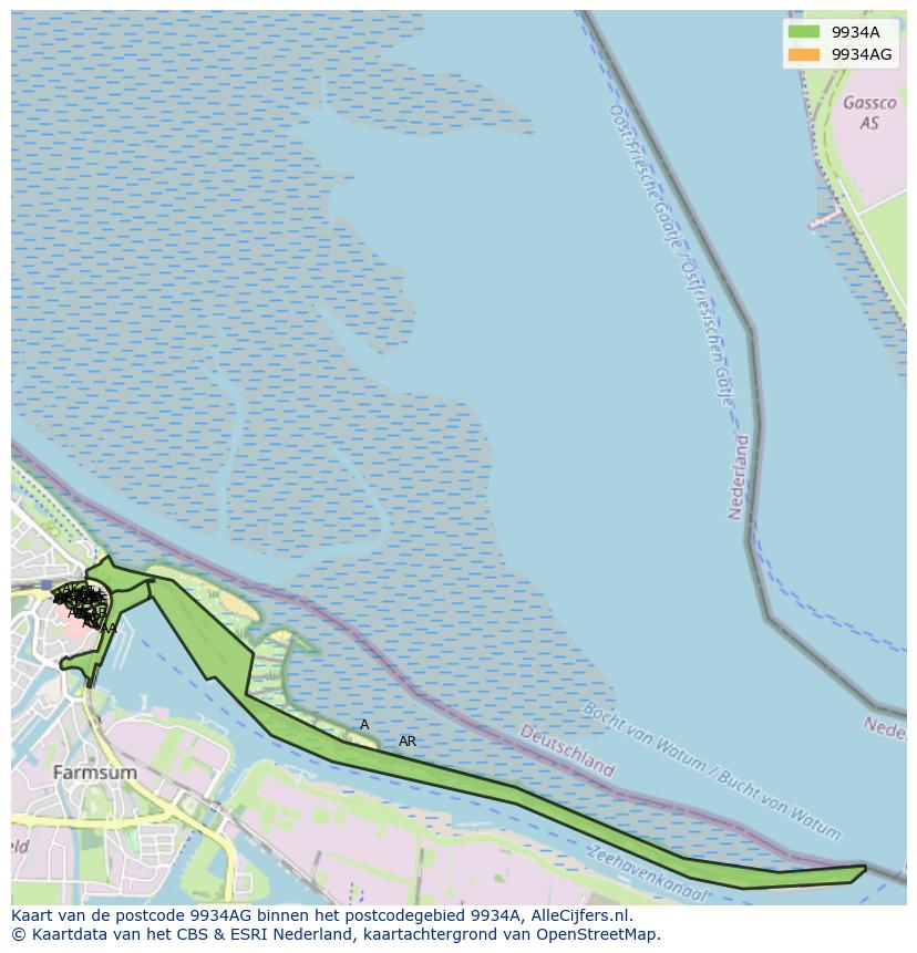 Afbeelding van het postcodegebied 9934 AG op de kaart.