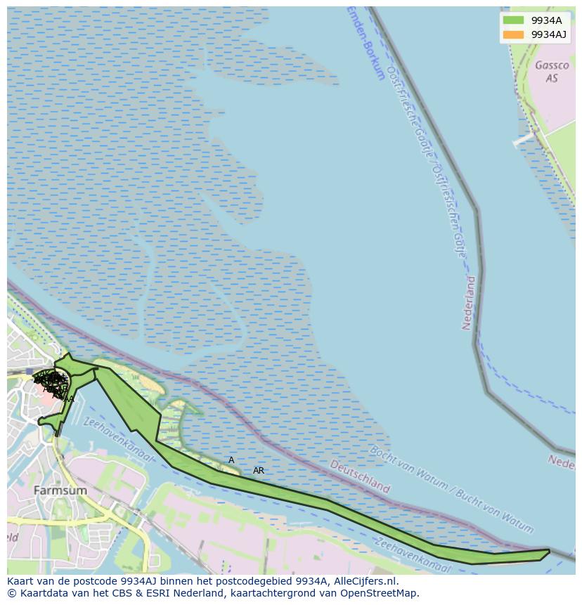 Afbeelding van het postcodegebied 9934 AJ op de kaart.
