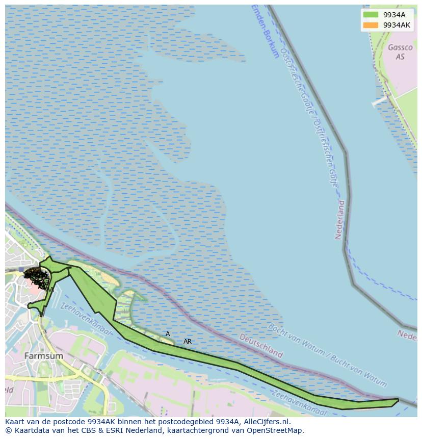 Afbeelding van het postcodegebied 9934 AK op de kaart.