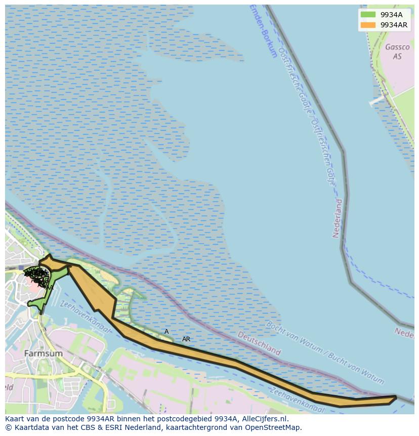 Afbeelding van het postcodegebied 9934 AR op de kaart.