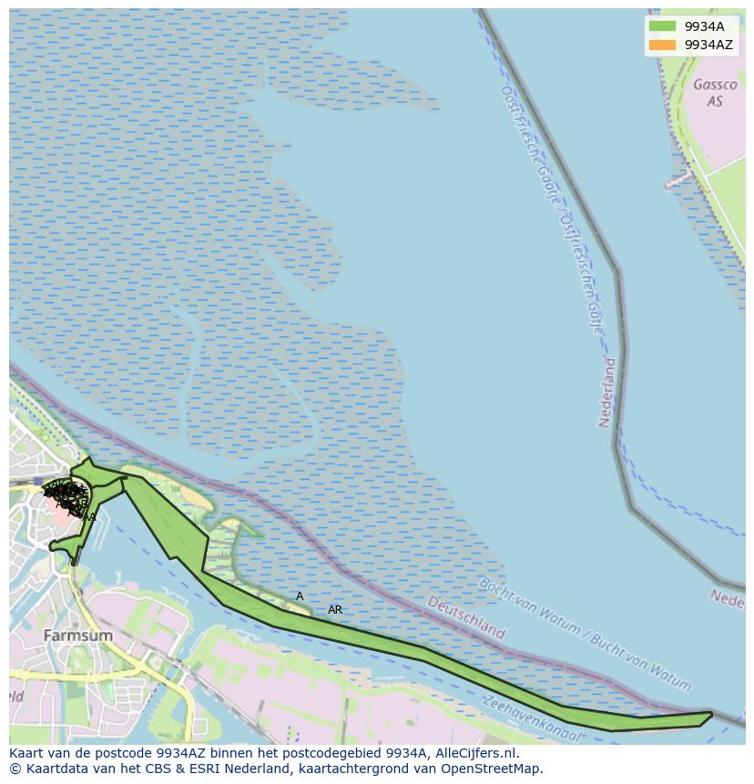 Afbeelding van het postcodegebied 9934 AZ op de kaart.
