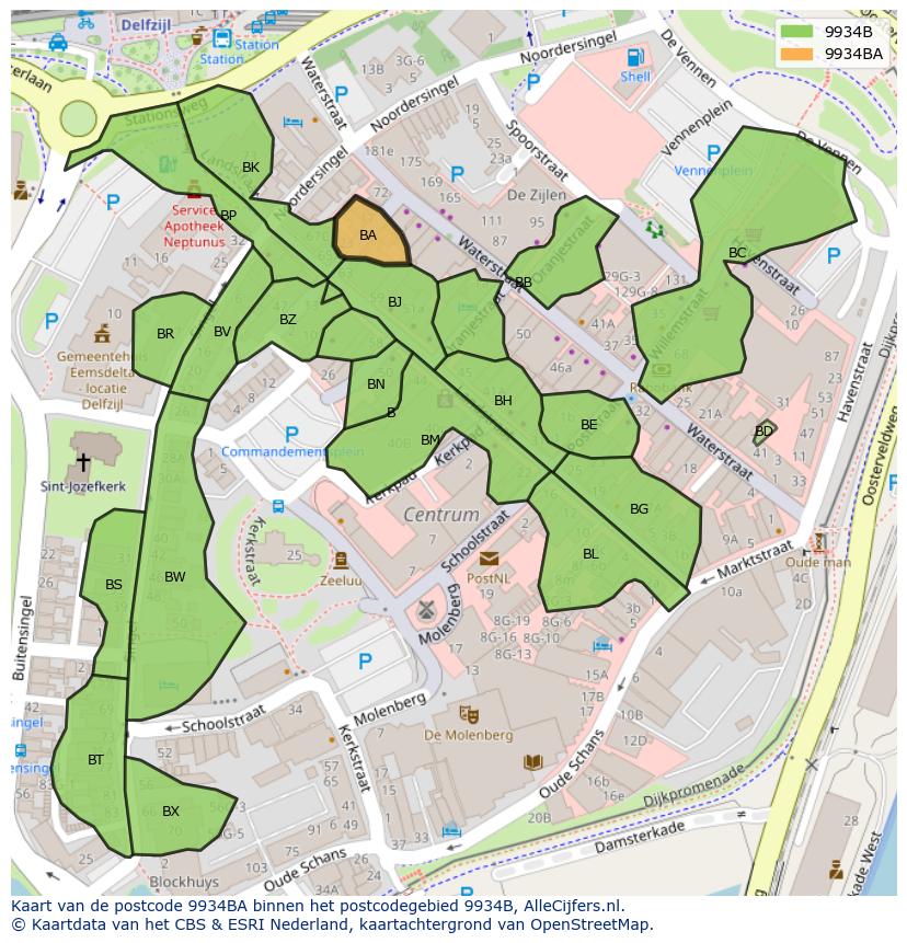 Afbeelding van het postcodegebied 9934 BA op de kaart.