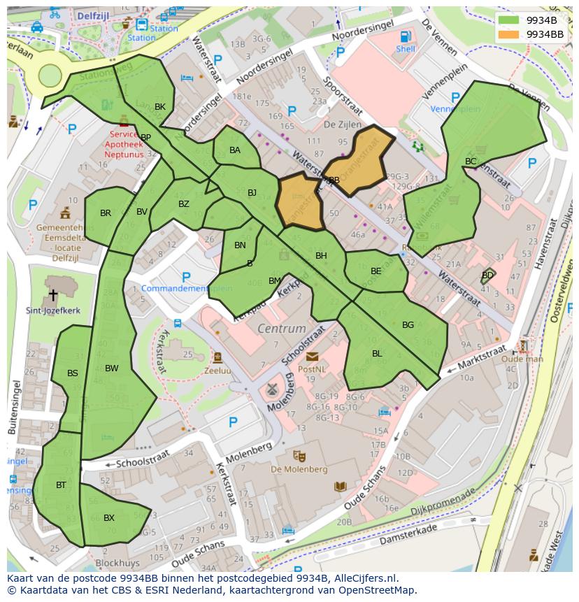 Afbeelding van het postcodegebied 9934 BB op de kaart.