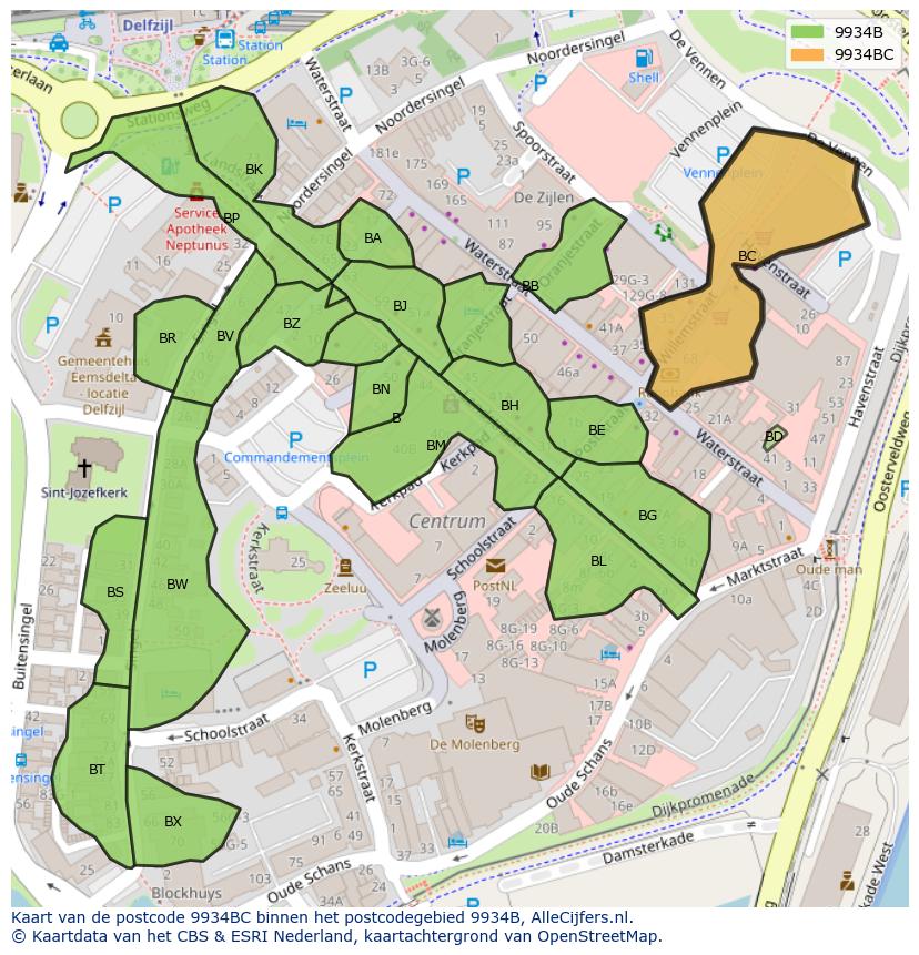 Afbeelding van het postcodegebied 9934 BC op de kaart.