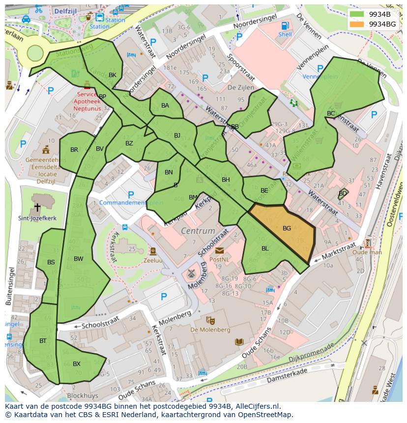 Afbeelding van het postcodegebied 9934 BG op de kaart.