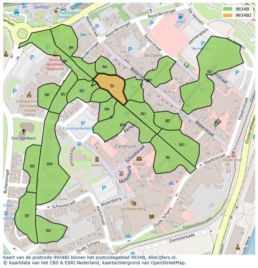 Afbeelding van het postcodegebied 9934 BJ op de kaart.