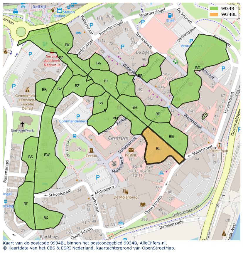 Afbeelding van het postcodegebied 9934 BL op de kaart.