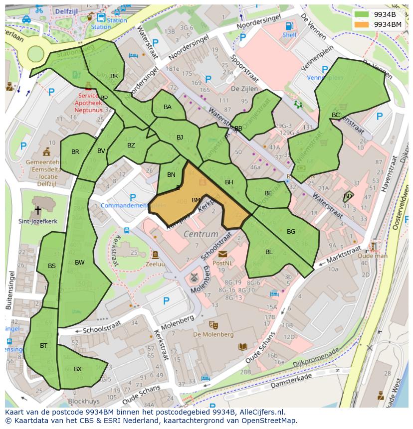Afbeelding van het postcodegebied 9934 BM op de kaart.