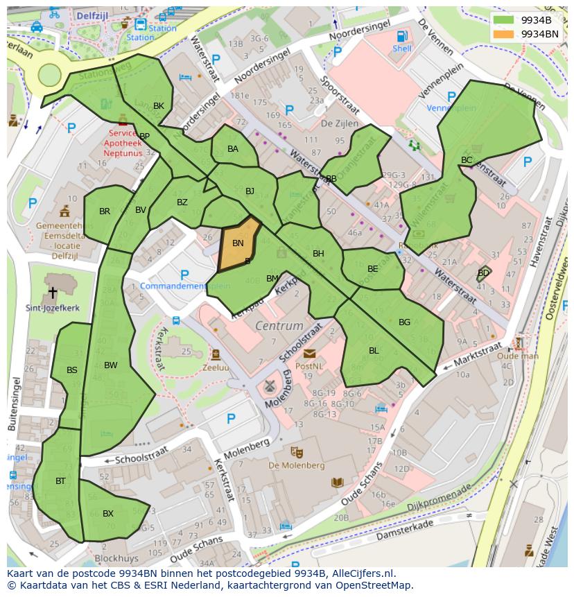 Afbeelding van het postcodegebied 9934 BN op de kaart.