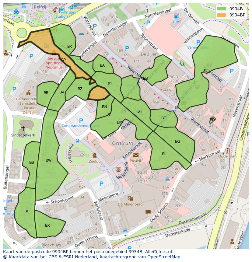 Afbeelding van het postcodegebied 9934 BP op de kaart.